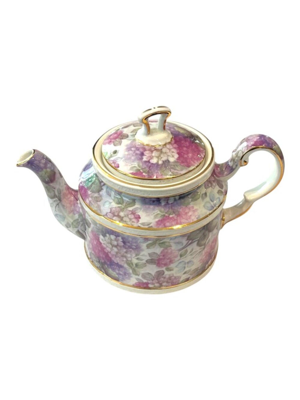 Vintage Crown Dorset Hydrangea Teapot Staffordshire England Gold Trim Gilt - Picture 2 of 8